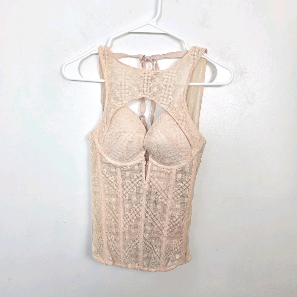 Victoria's Secret Blush Pink Lacey Padded Lace Up Corset Lingerie Top Size 34B